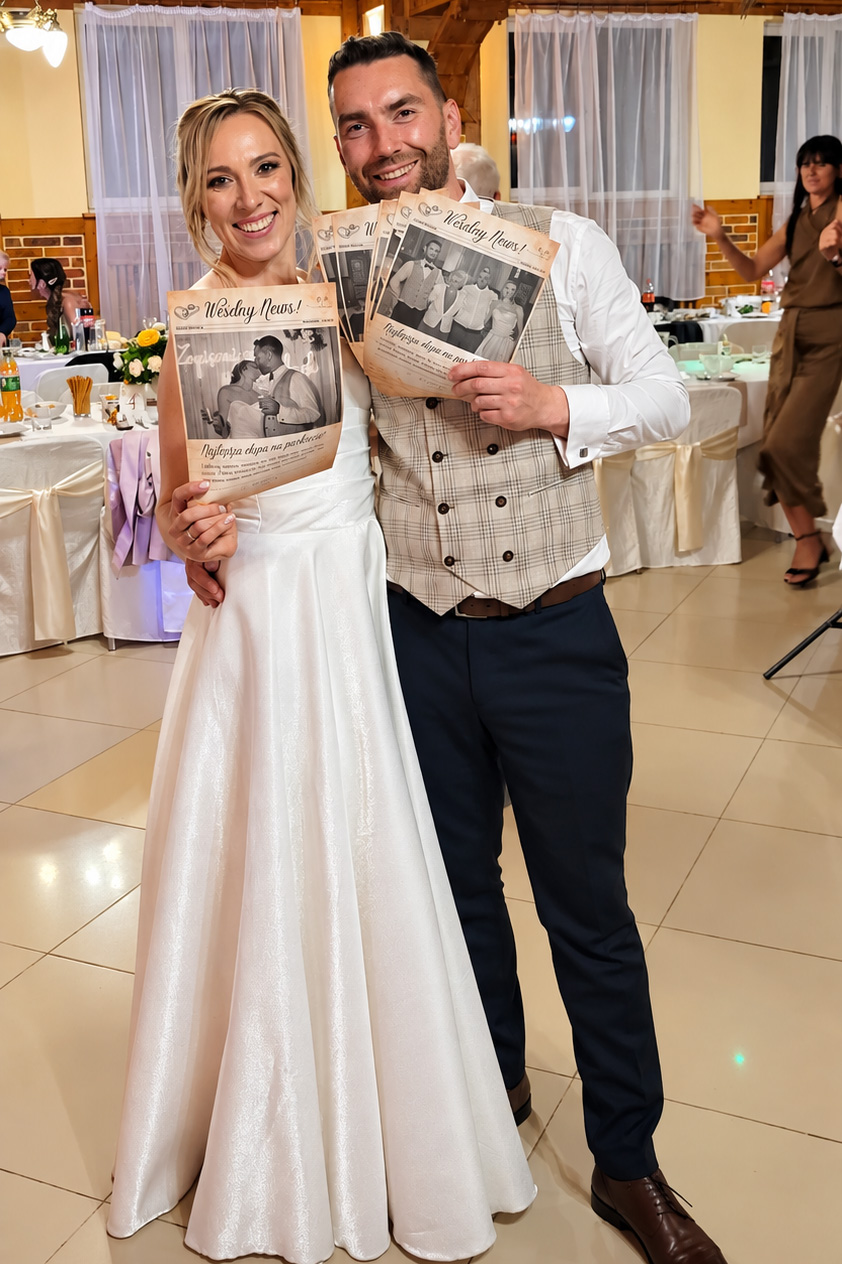 Gazeta weselna trzymana przez parę młodą